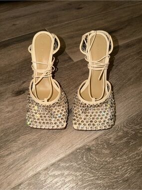 Bottega Veneta Crystal Embellished Cream Strappy Heels